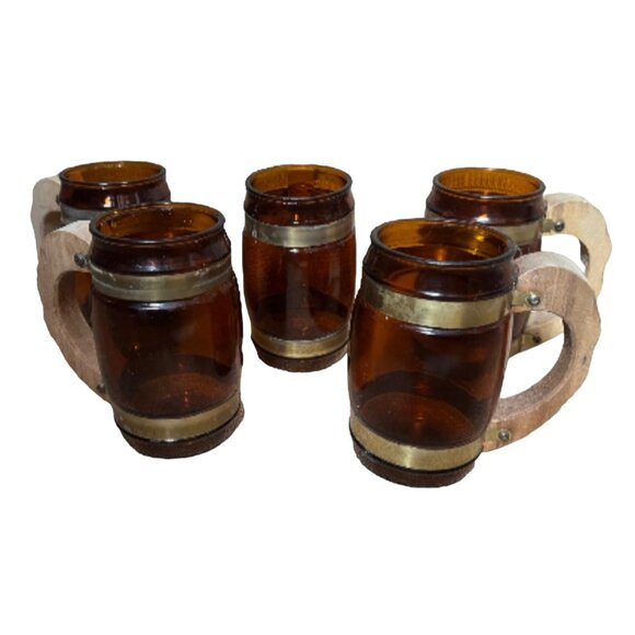 Vintage 1960s Siesta Ware Amber Glass Barrel Mugs Set Of 5 With Wooden Handles & - Picture 4 of 10